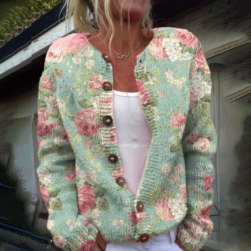 Echoarchiv | Stylische Strickjacke Ohne Kragen Mit Langen Ärmeln Und Blumendruck