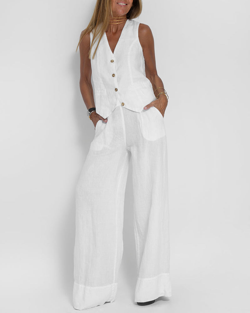 Echoarchiv | Elegantes 2-Teiliges Set Leinen Weite Hose & Weste