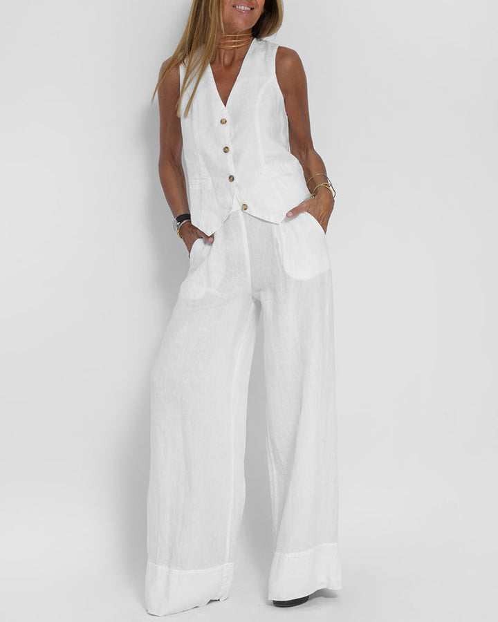Echoarchiv | Elegantes 2-Teiliges Set Leinen Weite Hose & Weste