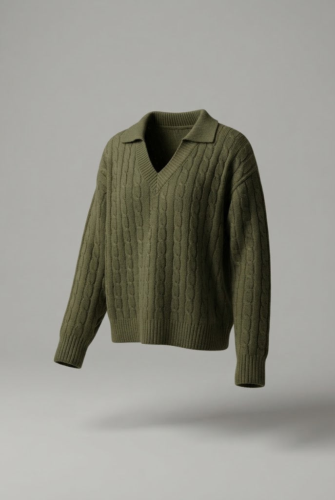 Damen Oversize Rippstrick-Pullover mit V-Ausschnitt und Hemdkragen Echo Archiv