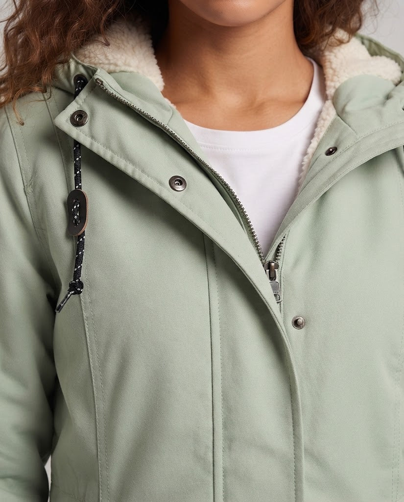 Damen Gefütterte Kapuzenparka mit Teddyfutter, Kordelzug und Pattentaschen Echoarchiv