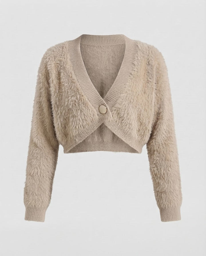 Damen Kurzcardigan aus flauschigem Kunstfell‑Strick mit tiefem V‑Ausschnitt und Zierknopf Echo Archiv