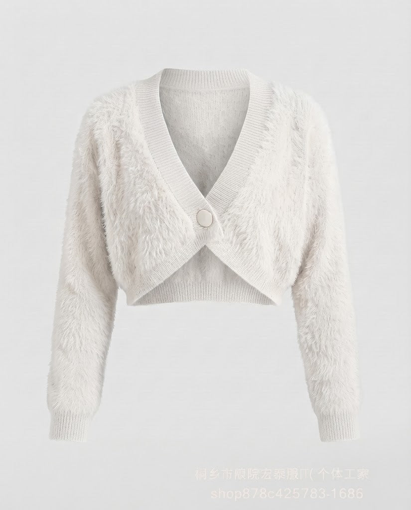 Damen Kurzcardigan aus flauschigem Kunstfell‑Strick mit tiefem V‑Ausschnitt und Zierknopf Echo Archiv