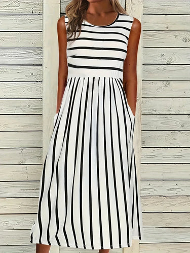 Sommerhemd Ohne Ärmel Streifen Lässiges Kleid Strickpullover mit Taschen – Lunéa