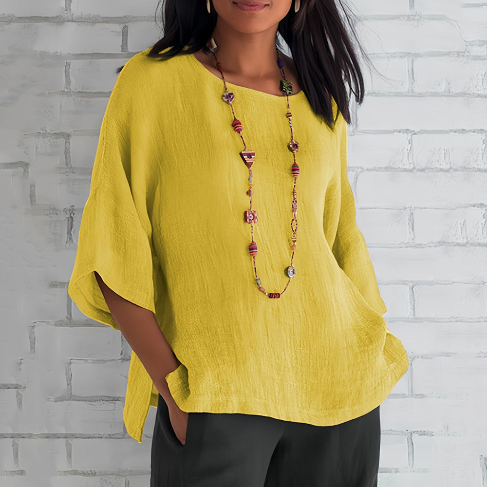 Echoarchiv | Rosafarbenes, Lockeres Rundhals-Shirt mit 3/4-Ärmeln für Damen