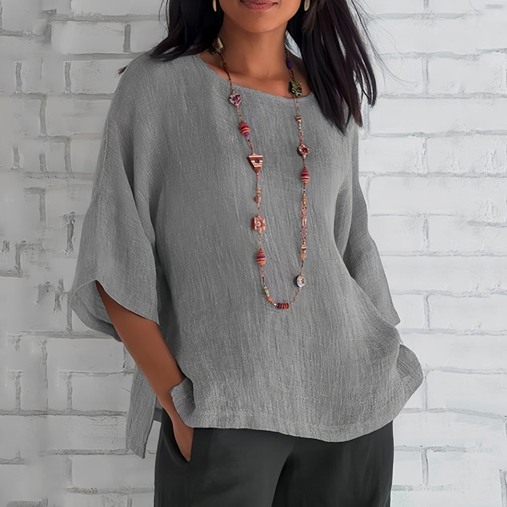 Echoarchiv | Rosafarbenes, Lockeres Rundhals-Shirt mit 3/4-Ärmeln für Damen