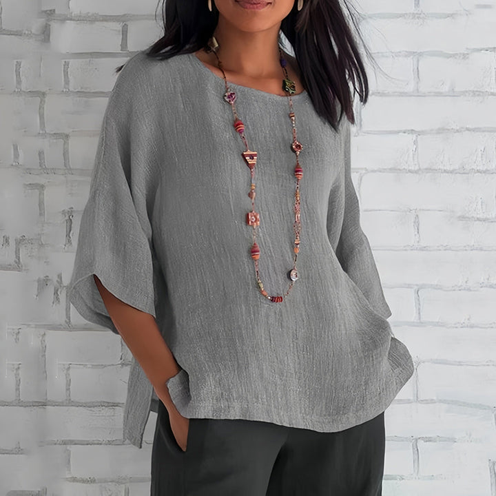 Echoarchiv | Rosafarbenes, Lockeres Rundhals-Shirt mit 3/4-Ärmeln für Damen