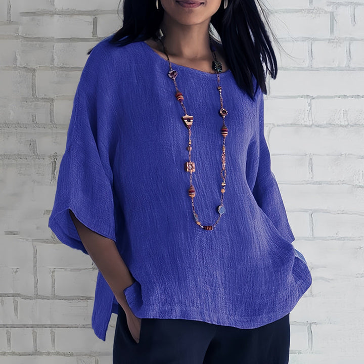 Echoarchiv | Rosafarbenes, Lockeres Rundhals-Shirt mit 3/4-Ärmeln für Damen