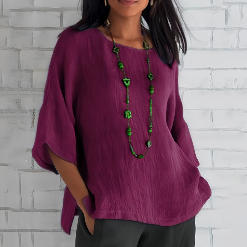 Echoarchiv | Rosafarbenes, Lockeres Rundhals-Shirt mit 3/4-Ärmeln für Damen