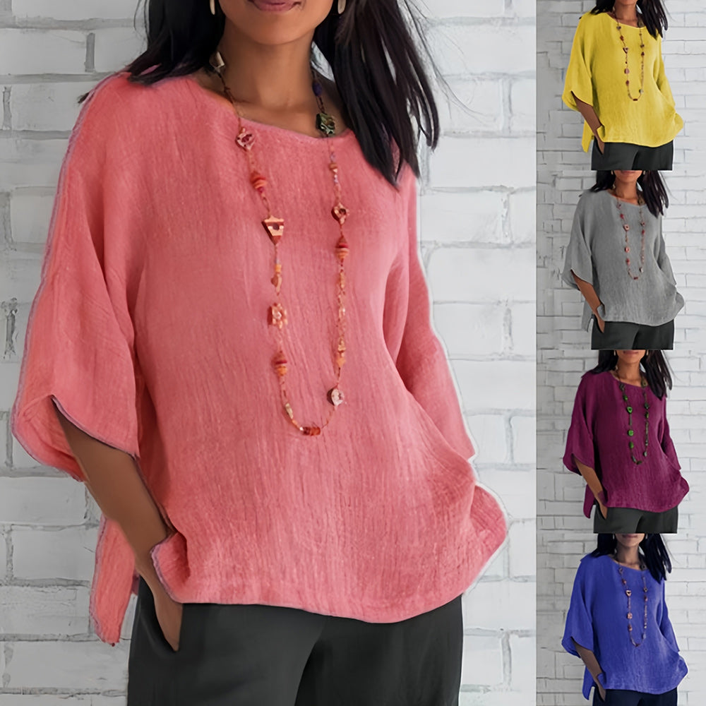 Echoarchiv | Rosafarbenes, Lockeres Rundhals-Shirt mit 3/4-Ärmeln für Damen