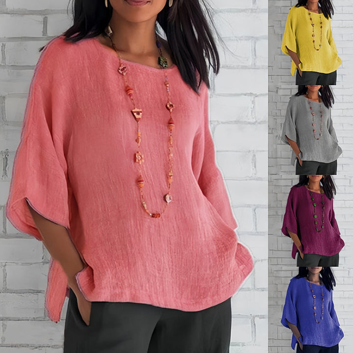 Echoarchiv | Rosafarbenes, Lockeres Rundhals-Shirt mit 3/4-Ärmeln für Damen