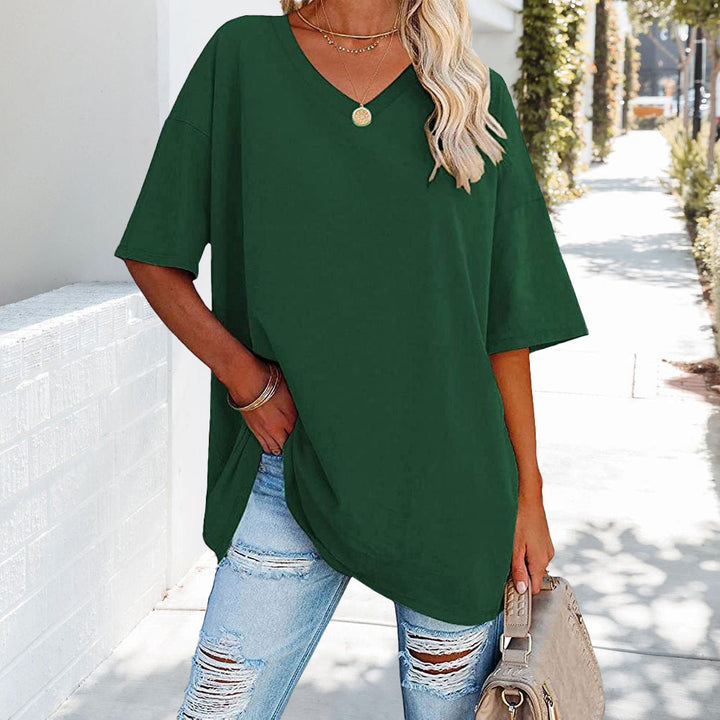 Einfarbiges Neues Damen-T-Shirt Aus Baumwolle mit V-Ausschnitt – Avérine