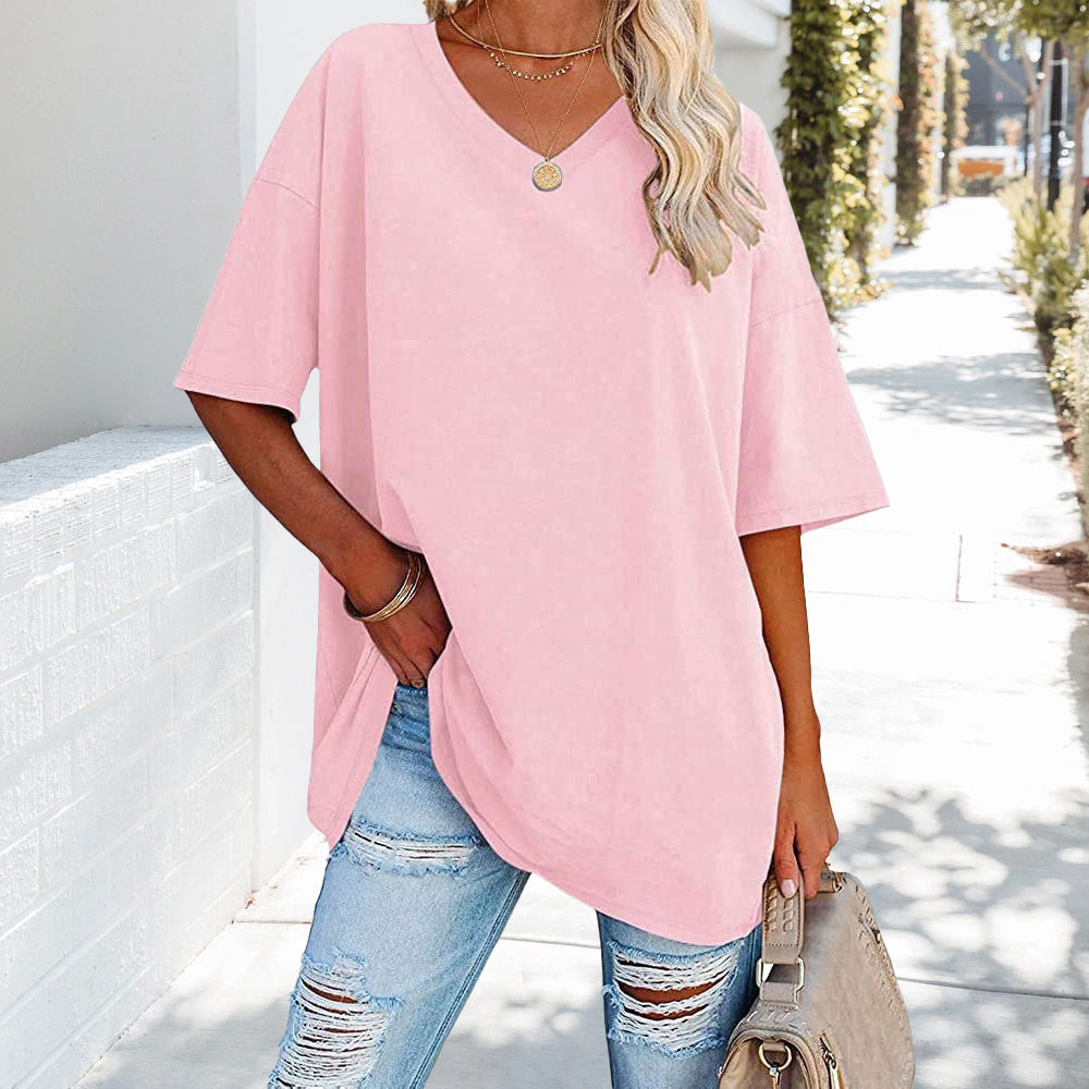 Einfarbiges Neues Damen-T-Shirt Aus Baumwolle mit V-Ausschnitt – Avérine