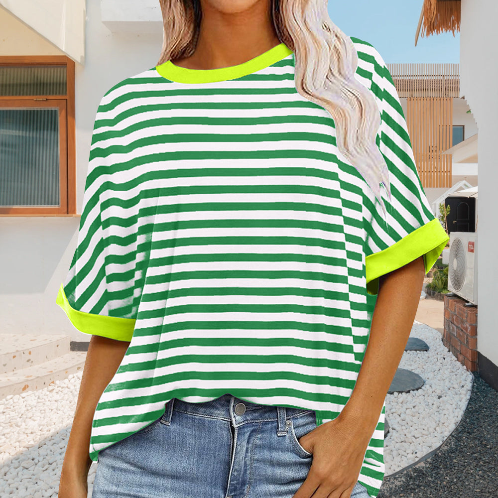 Echoarchiv | Sommer Damen Neue Einfache Gestreiften Rundhals Trendy Kurzen Ärmeln