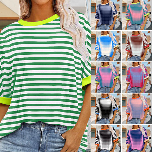 Echoarchiv | Sommer Damen Neue Einfache Gestreiften Rundhals Trendy Kurzen Ärmeln