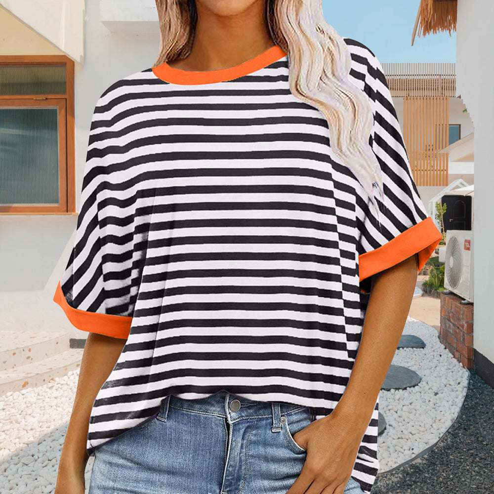 Echoarchiv | Sommer Damen Neue Einfache Gestreiften Rundhals Trendy Kurzen Ärmeln