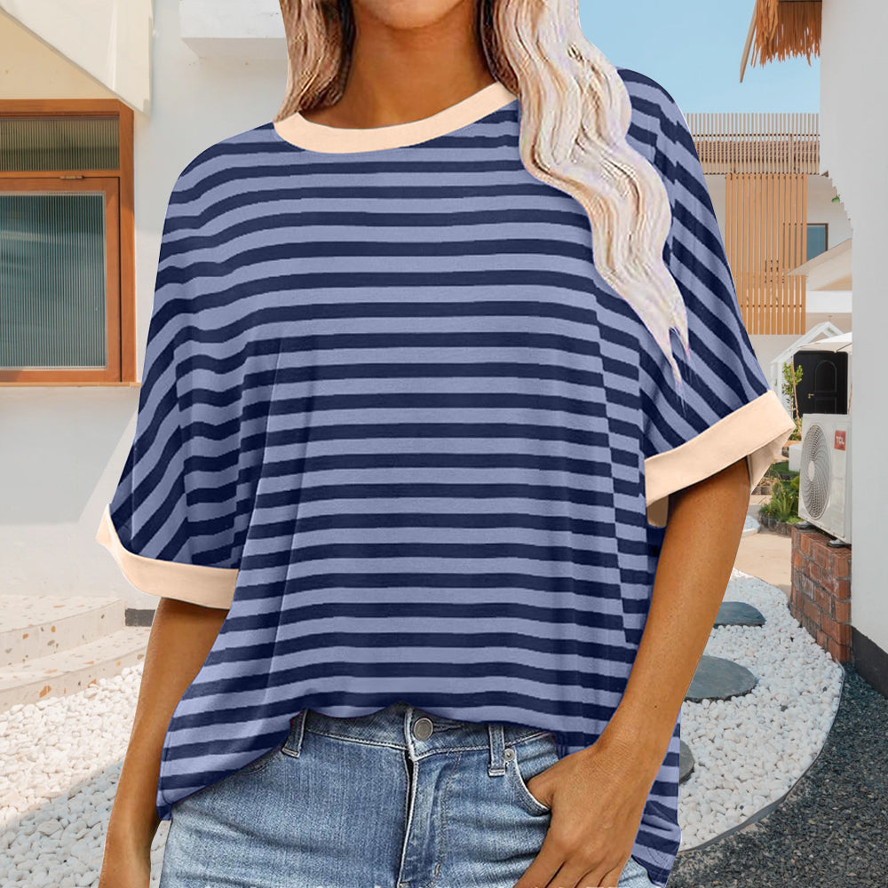 Echoarchiv | Sommer Damen Neue Einfache Gestreiften Rundhals Trendy Kurzen Ärmeln