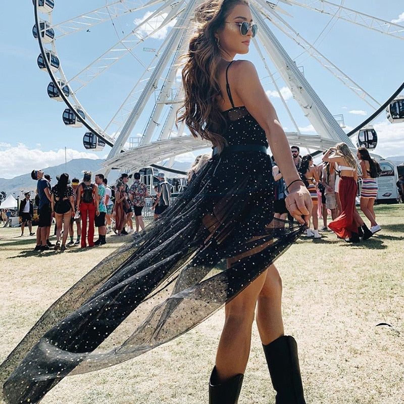 Echoarchiv | Stern Schwarz Netz Transparent Ärmelloses Maxi-Kleid
