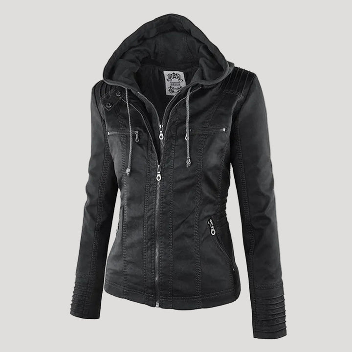 Wetterfester Damen Faux Lederjacke mit Kapuze