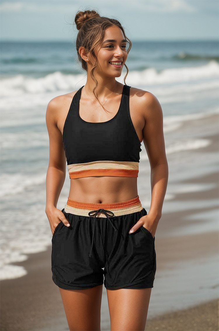 Echoarchiv | Schwarzes Colorblock Reißverschluss Rücken Sport Bikini-Oberteil mit Boyshort-Set