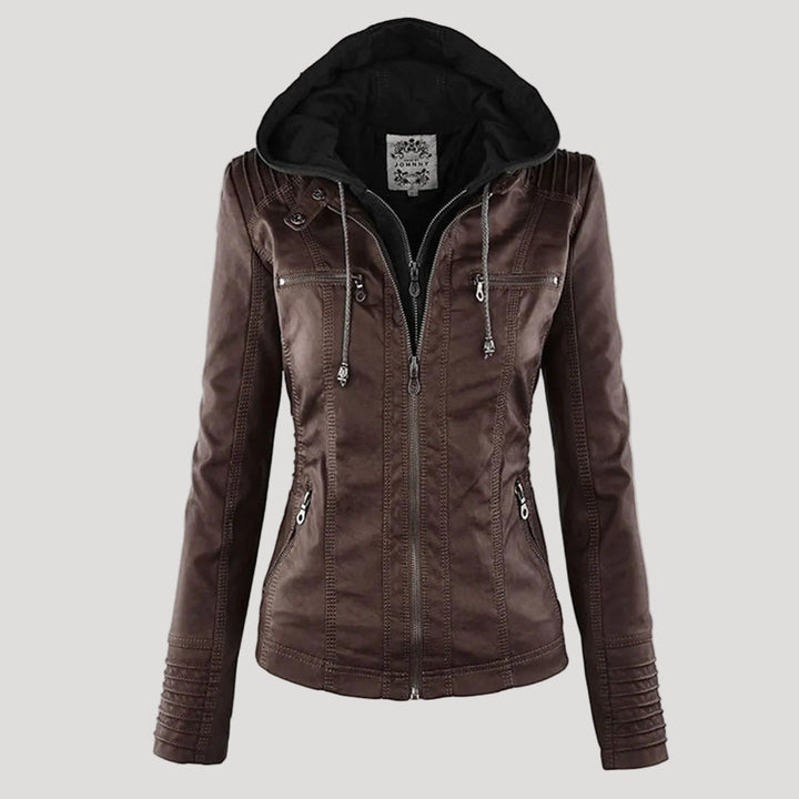 Wetterfester Damen Faux Lederjacke mit Kapuze