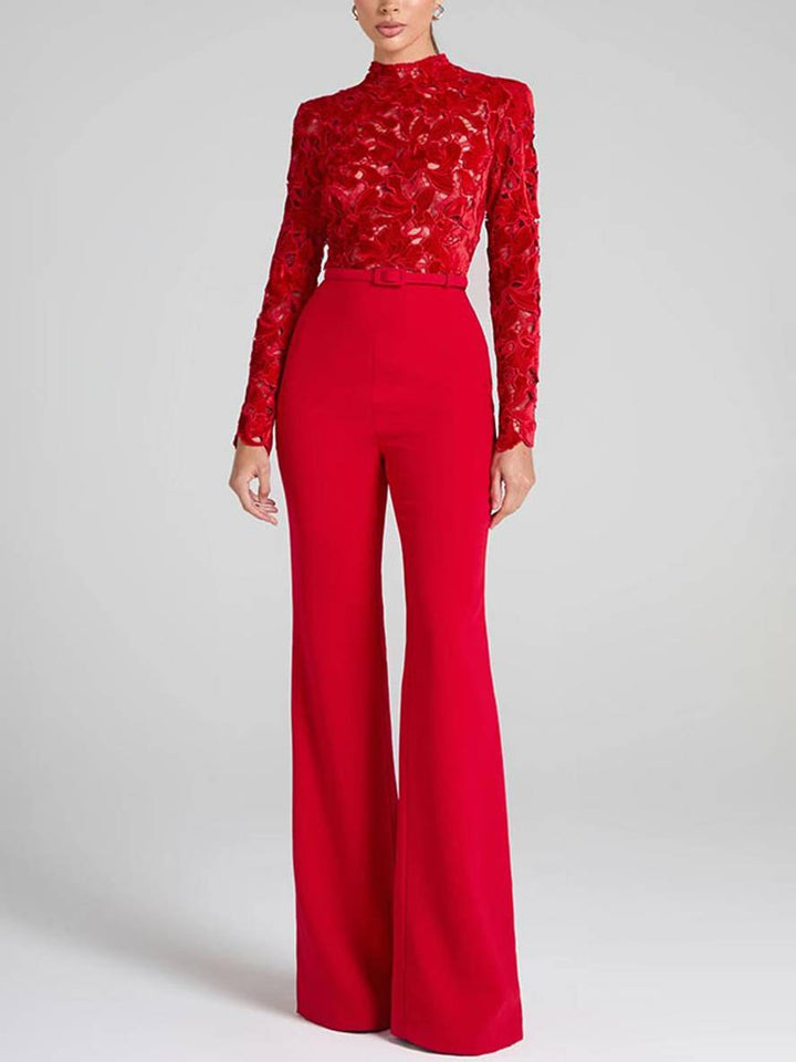 Echoarchiv | Ausgestellte Jumpsuits Englische Stickerei Runder Ausschnitt Lange Ärmel Gürtel Frauen Elegant Lässig Slim Fitness