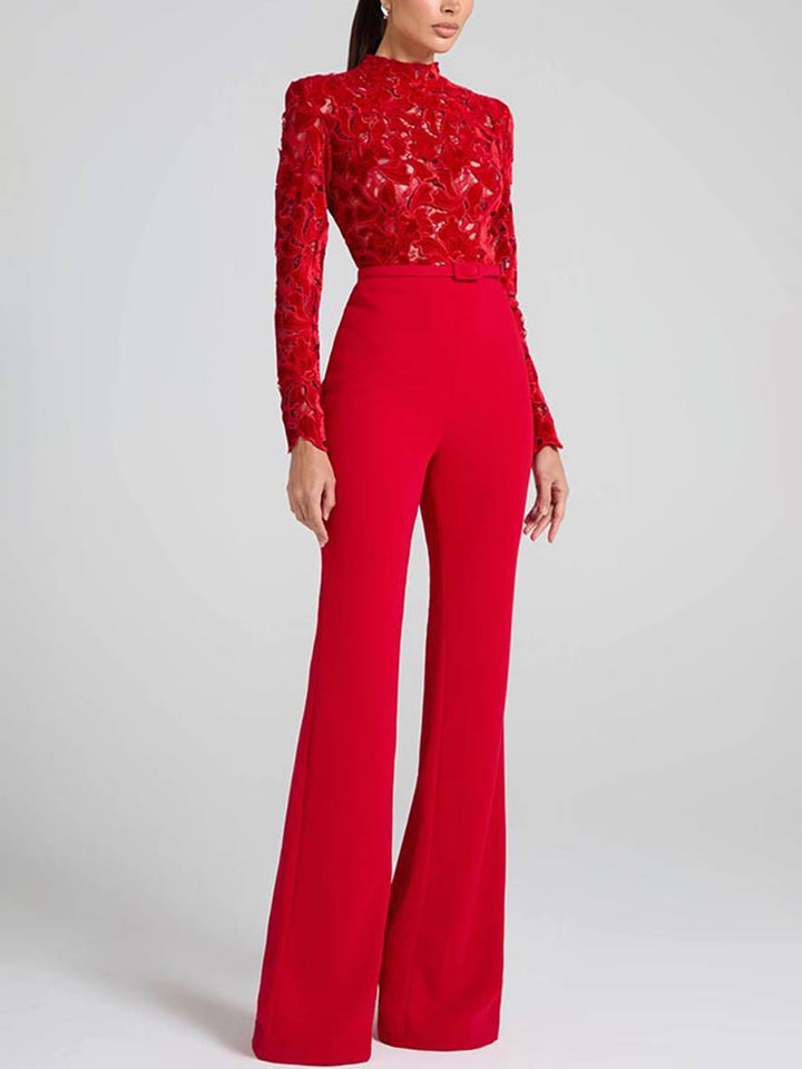Echoarchiv | Ausgestellte Jumpsuits Englische Stickerei Runder Ausschnitt Lange Ärmel Gürtel Frauen Elegant Lässig Slim Fitness