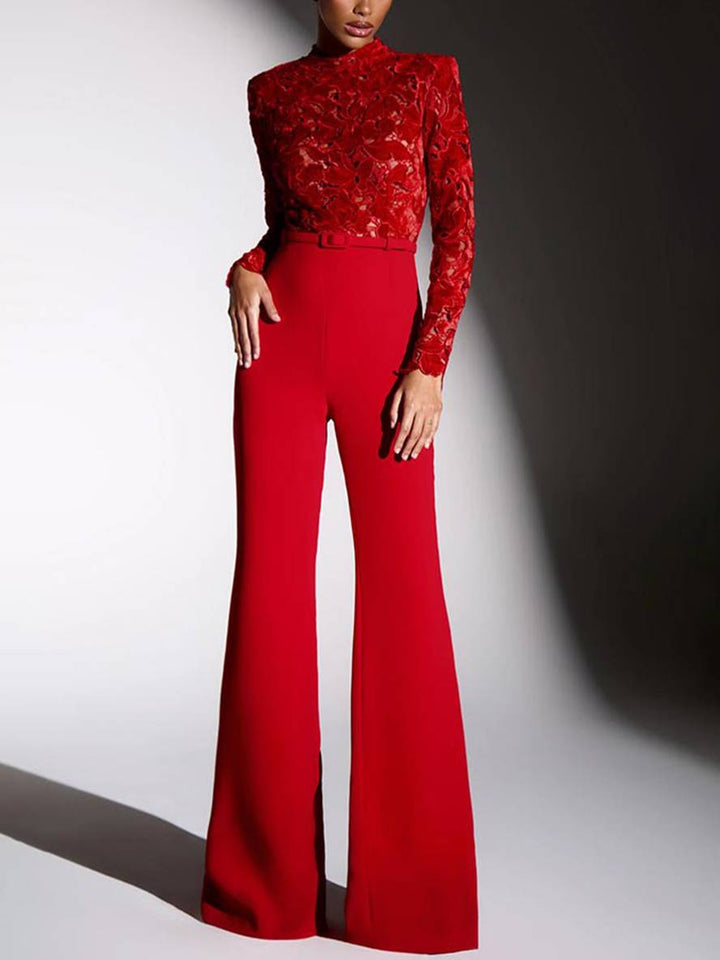 Echoarchiv | Ausgestellte Jumpsuits Englische Stickerei Runder Ausschnitt Lange Ärmel Gürtel Frauen Elegant Lässig Slim Fitness