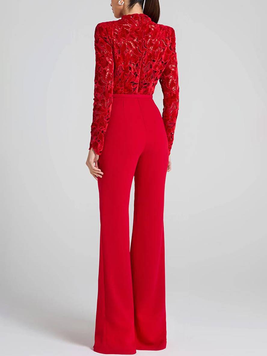 Echoarchiv | Ausgestellte Jumpsuits Englische Stickerei Runder Ausschnitt Lange Ärmel Gürtel Frauen Elegant Lässig Slim Fitness