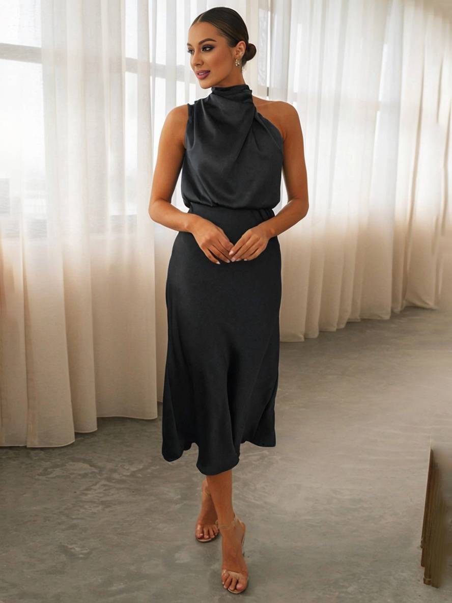 Echoarchiv | Lange Satin Brautjungfernkleid Unregelmäßiger Rollkragen Halsband Ärmless Elegant Abendkleid für Hochzeit