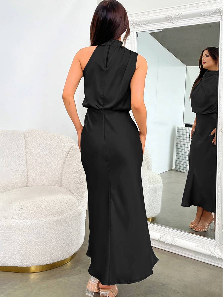 Echoarchiv | Lange Satin Brautjungfernkleid Unregelmäßiger Rollkragen Halsband Ärmless Elegant Abendkleid für Hochzeit