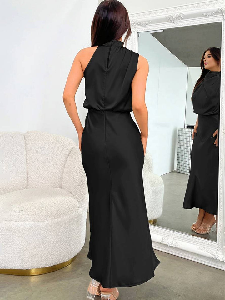 Echoarchiv | Lange Satin Brautjungfernkleid Unregelmäßiger Rollkragen Halsband Ärmless Elegant Abendkleid für Hochzeit