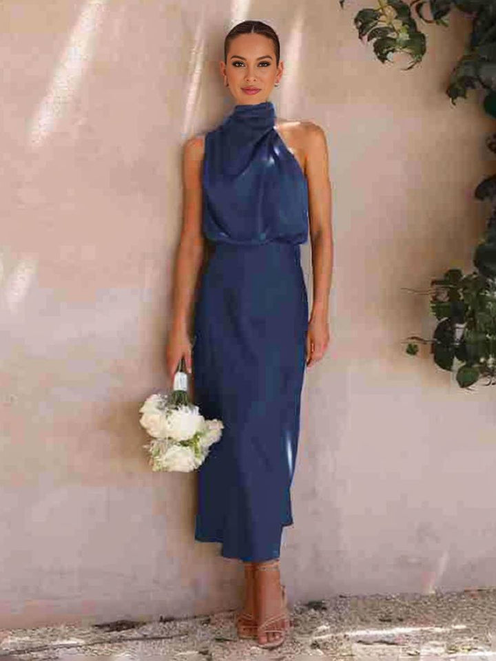 Echoarchiv | Lange Satin Brautjungfernkleid Unregelmäßiger Rollkragen Halsband Ärmless Elegant Abendkleid für Hochzeit