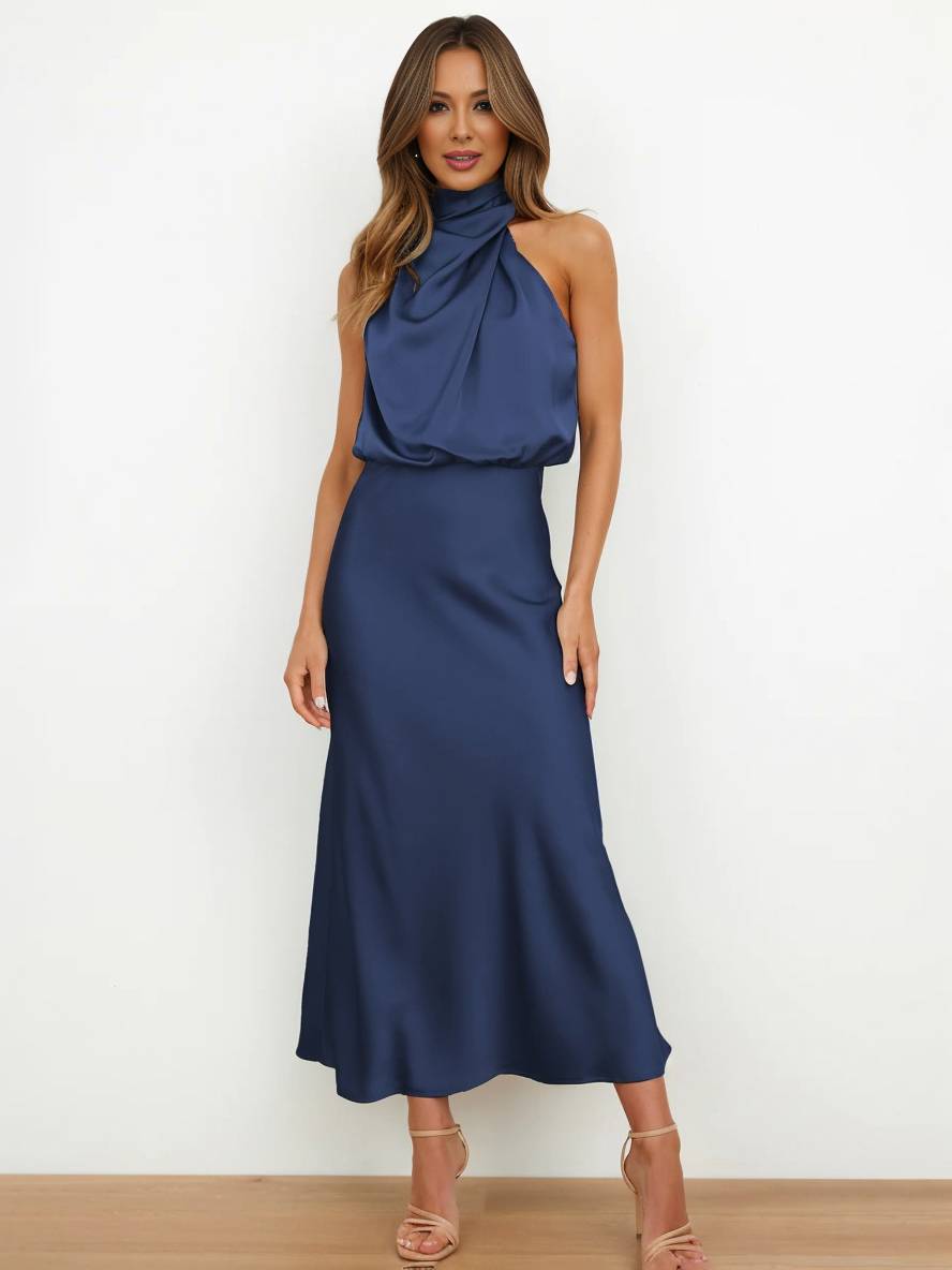 Echoarchiv | Lange Satin Brautjungfernkleid Unregelmäßiger Rollkragen Halsband Ärmless Elegant Abendkleid für Hochzeit