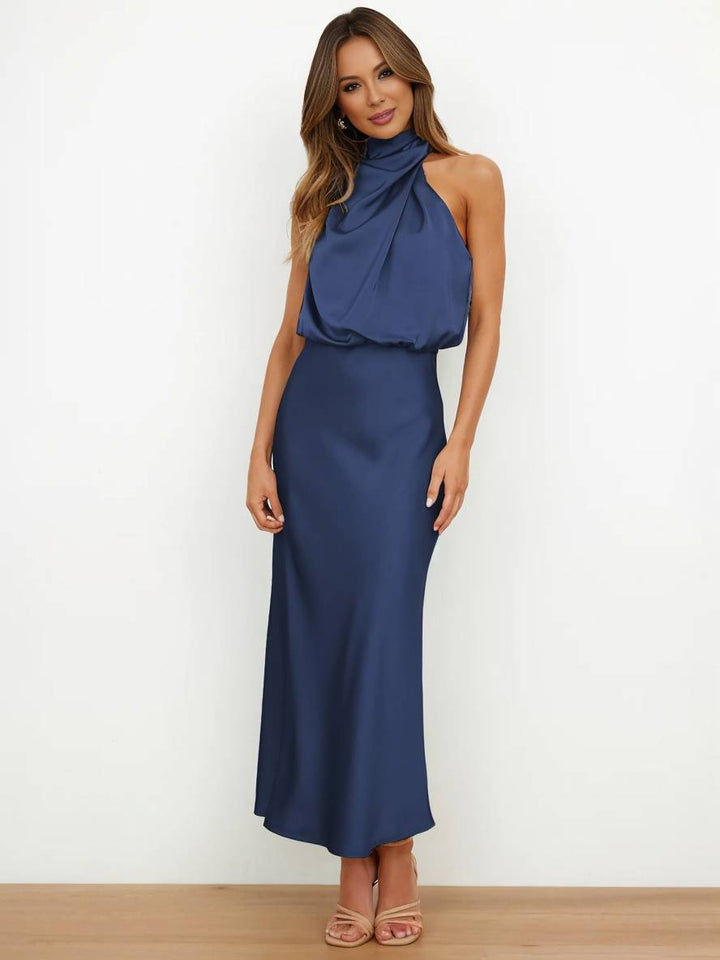 Echoarchiv | Lange Satin Brautjungfernkleid Unregelmäßiger Rollkragen Halsband Ärmless Elegant Abendkleid für Hochzeit