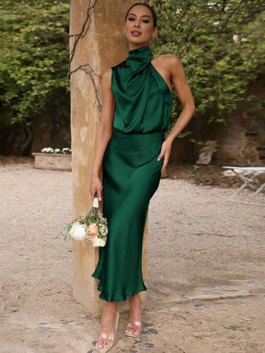 Echoarchiv | Lange Satin Brautjungfernkleid Unregelmäßiger Rollkragen Halsband Ärmless Elegant Abendkleid für Hochzeit