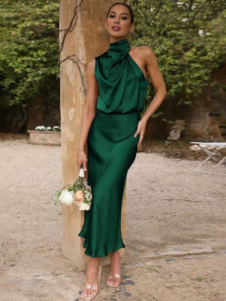 Echoarchiv | Lange Satin Brautjungfernkleid Unregelmäßiger Rollkragen Halsband Ärmless Elegant Abendkleid für Hochzeit