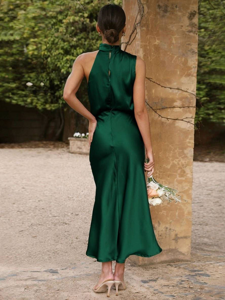 Echoarchiv | Lange Satin Brautjungfernkleid Unregelmäßiger Rollkragen Halsband Ärmless Elegant Abendkleid für Hochzeit