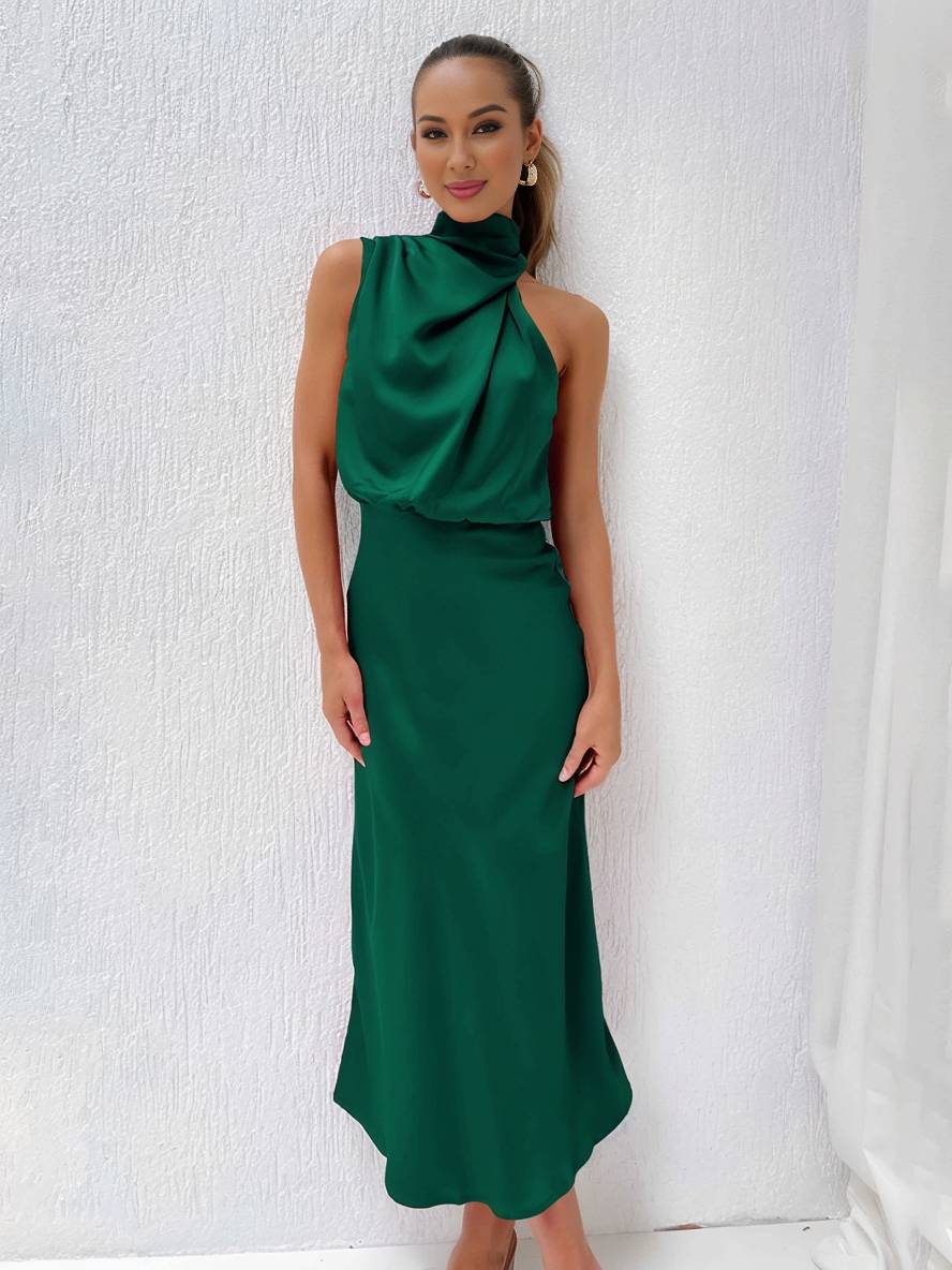 Echoarchiv | Lange Satin Brautjungfernkleid Unregelmäßiger Rollkragen Halsband Ärmless Elegant Abendkleid für Hochzeit