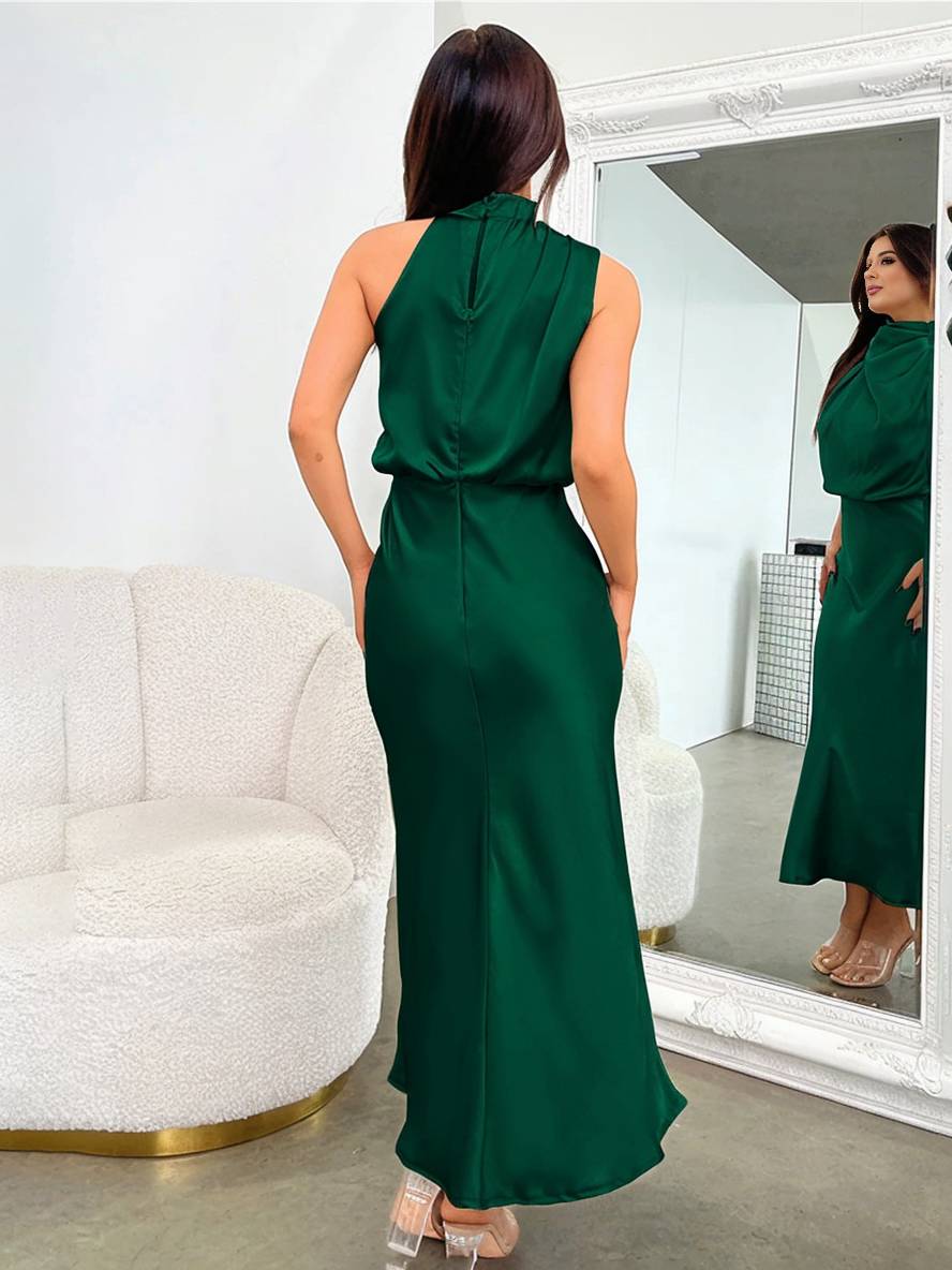 Echoarchiv | Lange Satin Brautjungfernkleid Unregelmäßiger Rollkragen Halsband Ärmless Elegant Abendkleid für Hochzeit