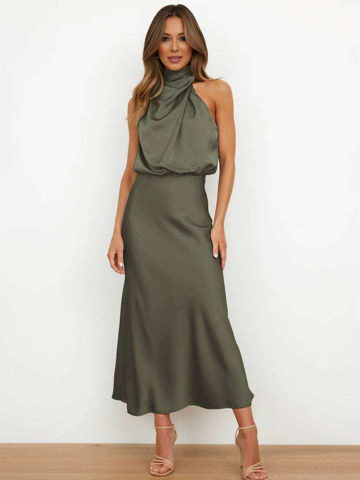 Echoarchiv | Lange Satin Brautjungfernkleid Unregelmäßiger Rollkragen Halsband Ärmless Elegant Abendkleid für Hochzeit