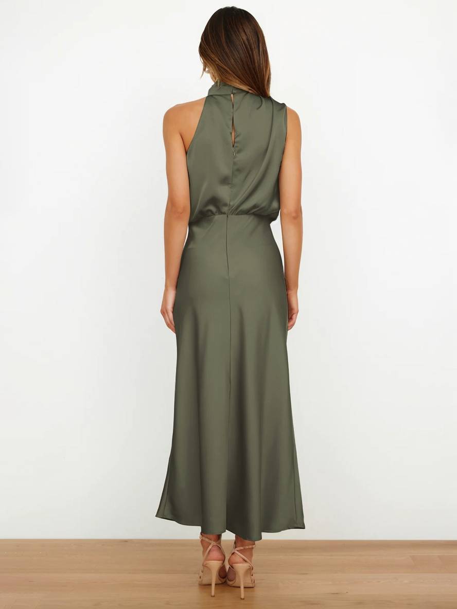 Echoarchiv | Lange Satin Brautjungfernkleid Unregelmäßiger Rollkragen Halsband Ärmless Elegant Abendkleid für Hochzeit