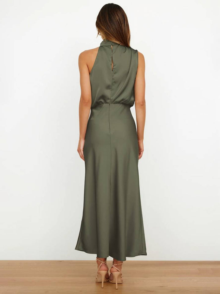 Echoarchiv | Lange Satin Brautjungfernkleid Unregelmäßiger Rollkragen Halsband Ärmless Elegant Abendkleid für Hochzeit