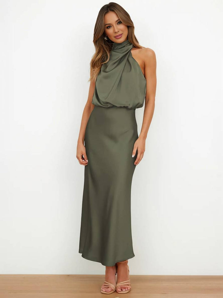Echoarchiv | Lange Satin Brautjungfernkleid Unregelmäßiger Rollkragen Halsband Ärmless Elegant Abendkleid für Hochzeit