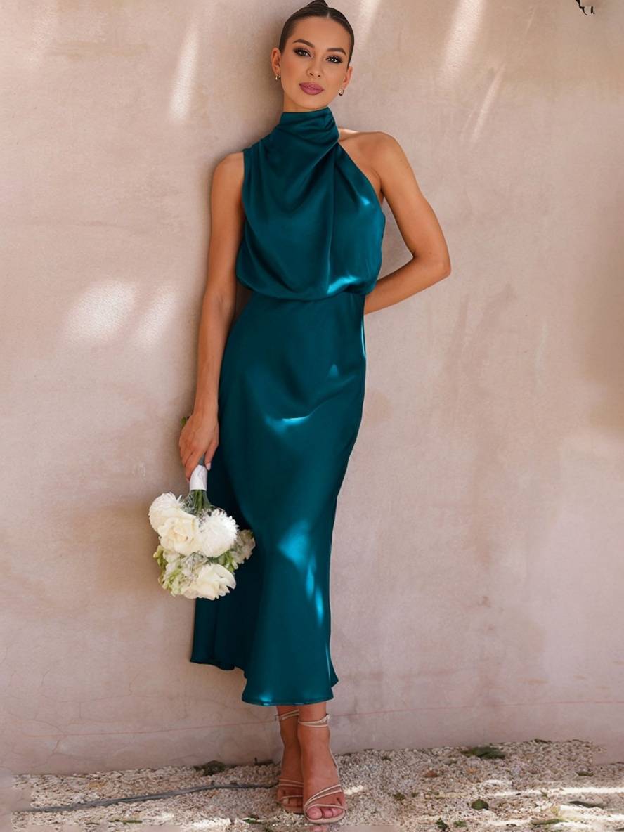Echoarchiv | Lange Satin Brautjungfernkleid Unregelmäßiger Rollkragen Halsband Ärmless Elegant Abendkleid für Hochzeit