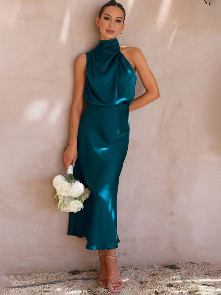 Echoarchiv | Lange Satin Brautjungfernkleid Unregelmäßiger Rollkragen Halsband Ärmless Elegant Abendkleid für Hochzeit