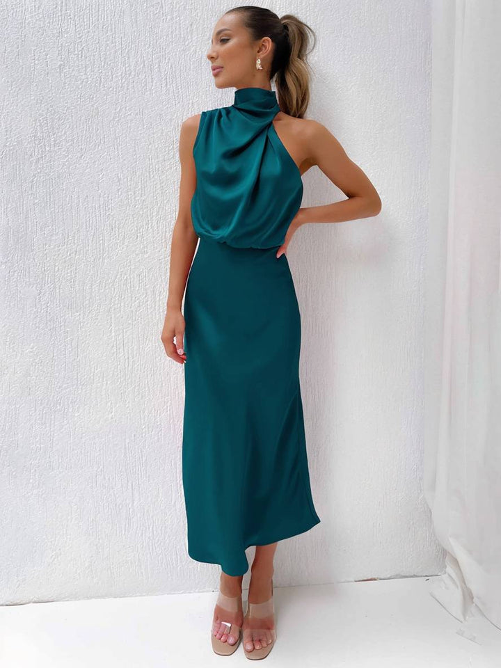Echoarchiv | Lange Satin Brautjungfernkleid Unregelmäßiger Rollkragen Halsband Ärmless Elegant Abendkleid für Hochzeit