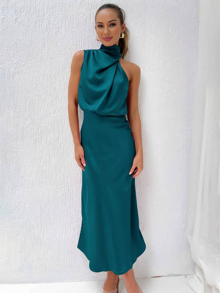 Echoarchiv | Lange Satin Brautjungfernkleid Unregelmäßiger Rollkragen Halsband Ärmless Elegant Abendkleid für Hochzeit