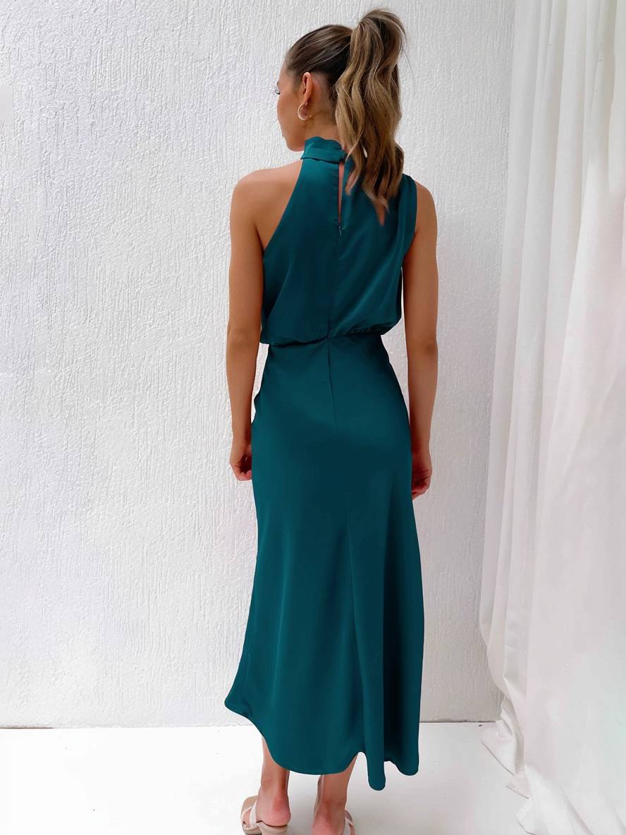 Echoarchiv | Lange Satin Brautjungfernkleid Unregelmäßiger Rollkragen Halsband Ärmless Elegant Abendkleid für Hochzeit