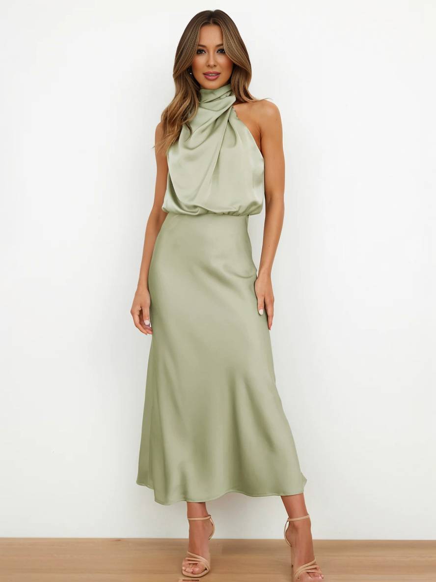 Echoarchiv | Lange Satin Brautjungfernkleid Unregelmäßiger Rollkragen Halsband Ärmless Elegant Abendkleid für Hochzeit